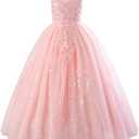 IDOPIP Sequin Appliques Flower Girl Dress for Kids Wedding Pageant Party Long Gown Princess Birthday Communion Tulle Dresses (Pink) 11-12Y
