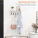 Homode Wall Shelf with Hooks, Coat Rack Wall Mount with Pegs, Hanging Entryway Coat Hanger, Wood and Iron Shelf for Bathroom, Hallway, Bedroom, White