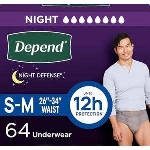 Depend Night Defense Adult Diapers, Incontinence Underwear for Men, Disposable, Overnight, Small/Medium, Grey, 64 Count (4 Packs of 16)