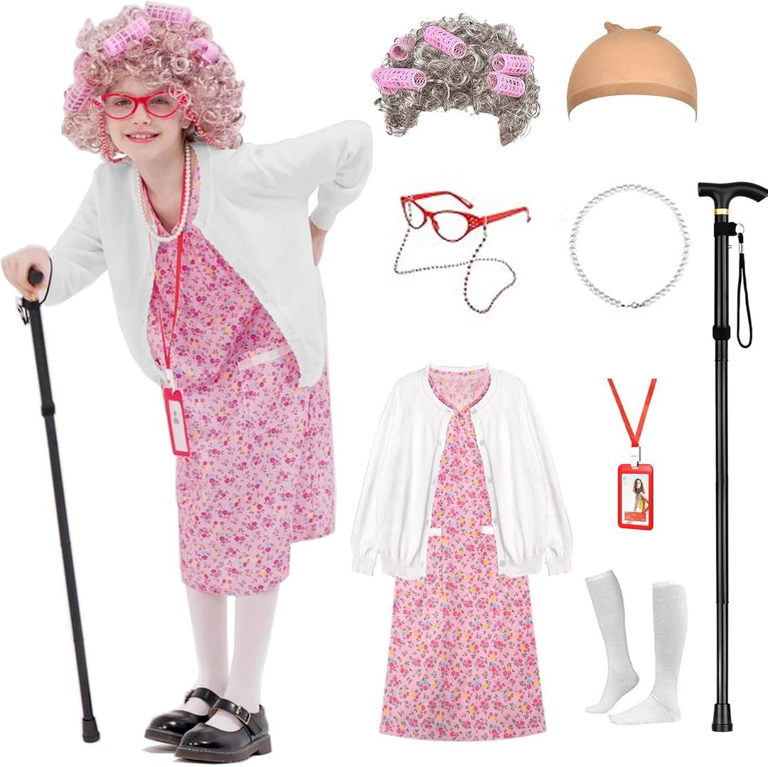 Kids 100 Days of School Costume for Girls, Old Lady Costume wig cardigan sweater and Granny Grandma Set for Child (Small(5-7yrs), Set1-white)
