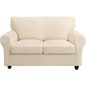 SearchI Stretch Sofa Cover Couch Cover, 3 Pieces Loveseat Slipcover with 2 Separate Cushion Cover, Washable Furniture Protector for Living Room(Loveseat, Beige)