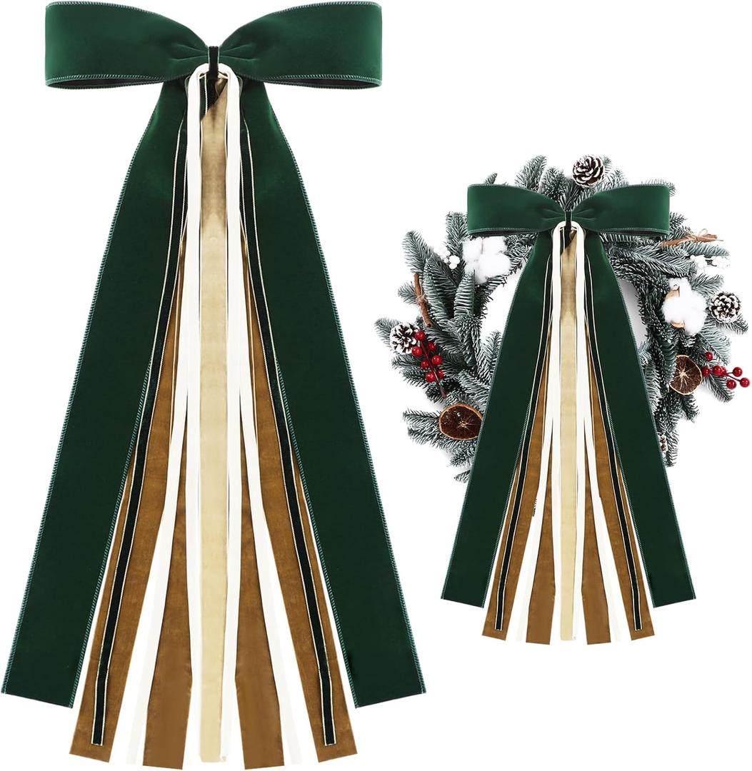 Large Green Velvet Christmas Ribbon Bow Sash for Wreath 12" x 24" Retro Xmas Tree Topper Bow Ribbons Bundle Giant Holiday Ornaments Decor for Winter Front Door Wall Window Indoor Outdoor