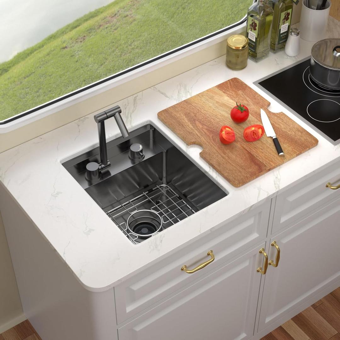 15 Inch Undermount Bar Sink with Folding Faucet, Gunmetal Black 16 Gauge 304 Stainless Steel RV Sink with Cutting Board, Small Workstation Sinks for RV, Wet Bar, Prep Sinks #TLRV-0017