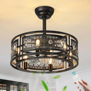 KAISITE Farmhouse Fandelier Ceiling Fan with Lights 19 Inch Black Rustic Vintage Crystal Ceiling Fan Antique Fandelier Semi Flush Mount Bladeless Chandelier Fan for Bedroom Living Room Dining Room, Large