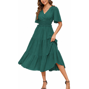 Kormei Women's Boho Smocked Long Flowy Summer Dress Wedding Guest Dresses, Large