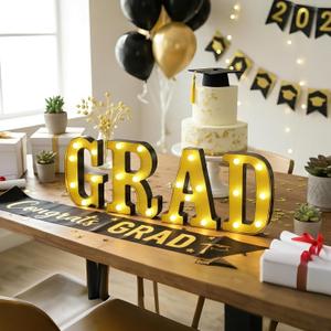 GRAD Marquee Number Lights Black and Gold 8.07 Inch LED Signs for Class of 2026 Graduation Decorations, Battery Operated Senior Prom & College Commencement Ceremony Photo Prop Background