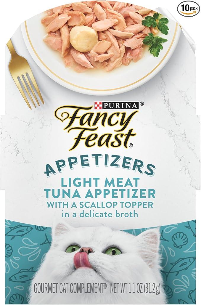 Purina Fancy Feast Appetizers Lickable Grain Free Wet Cat Food Topper Light Meat Tuna Appetizer with Scallop - (Pack of 10) 1.1 oz. Trays,  Best By Aug/2026