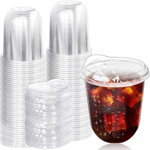 Alaeseje 50 Pack Clear Plastic Cups with Strawless Sip Lids,12 oz Iced Coffee Cups with Lids,Disposable PET Crystal Cups,Round Bottom To Go Cup for Iced Coffee Juice Smoothie Cold Beverage