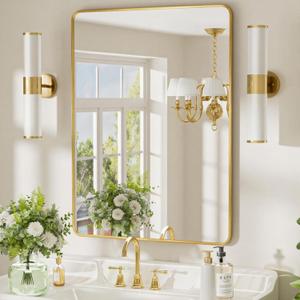 24x36 inch Gold Bathroom Mirror, Brushed Gold Metal Framed Rounded Rectangle Wall Mount Vanity Mirror, HD Tempered Glass, Aluminum Frame, Horizontal or Vertical Hanging, Modern Home Decor