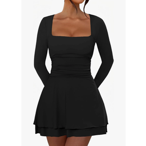 Women's Square Neck Mini Dress Long Sleeve Ruffle Hem Corset Ruched Waist Short Party Dresses, XL