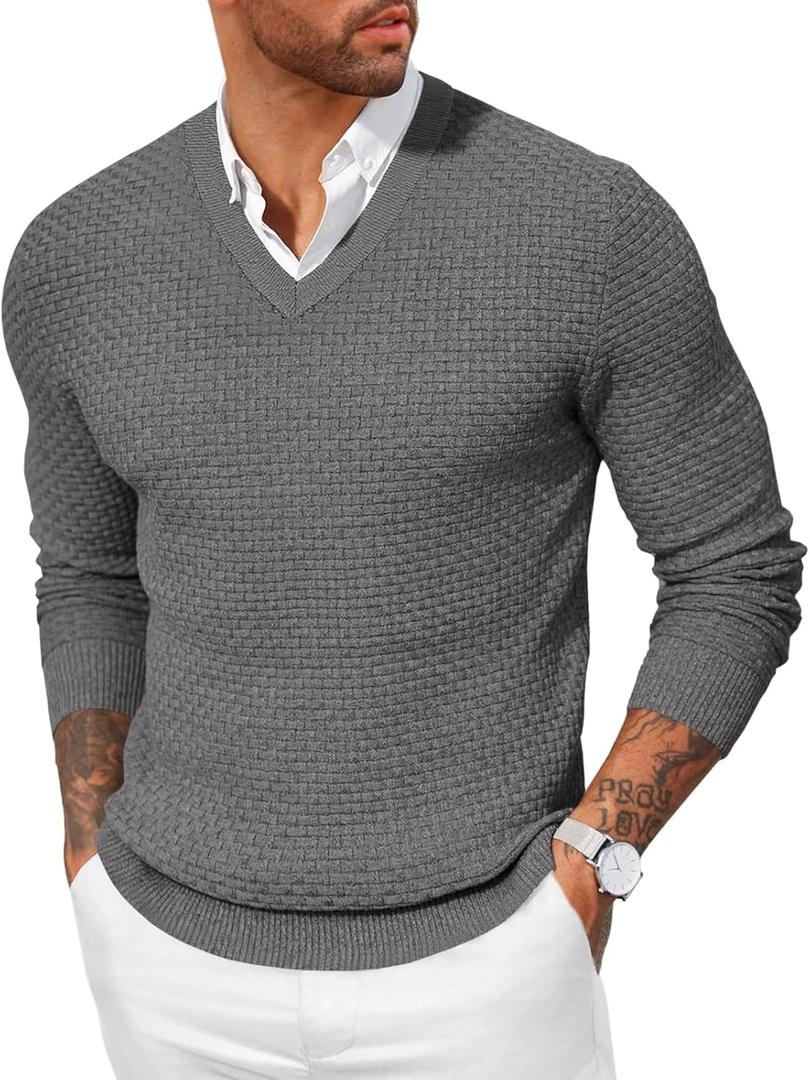 Yousify Mens V Neck Pullover Sweater Waffle Knit Casual Textured Pullover Long Sleeve Slim Fit Fall Sweaters Grey