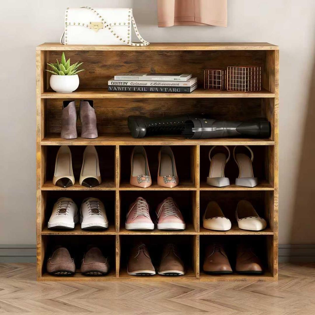 9-Cubby Shoe Rack, Wood Shoe Organizer Bench for Entryway Hallway Closet, 9-cube 5-tier