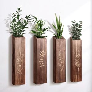 4 Pack Wood Indoor Wall Planter, Modern Boho Wall Decor for Living Room Bedroom, Farmhouse Pocket Vases for Dried Flowers and Faux Greenery Plants - Brown