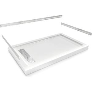 CKB 60" x 32" Shower Base, Left or Right Drain, Removable Aluminum Flange (Zero/Single/Dual Threshold), Pre-Sloped Design, Fiberglass Shower Pan, 304 Stainless Steel Grate Drain Cover, White