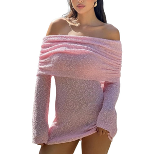 Unybwonn Women's Off Shoulder Mini Short Dress Bodycon Long Sleeve Crochet Sexy Going Out Mesh Elegant Sweater Dresses S