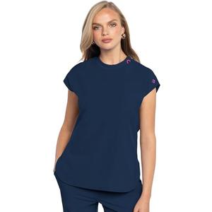 Med Couture Scrub Top Women Round Neck Tuckable with 2 Zipper Pockets with Rounded Hem MC703, S, Navy
