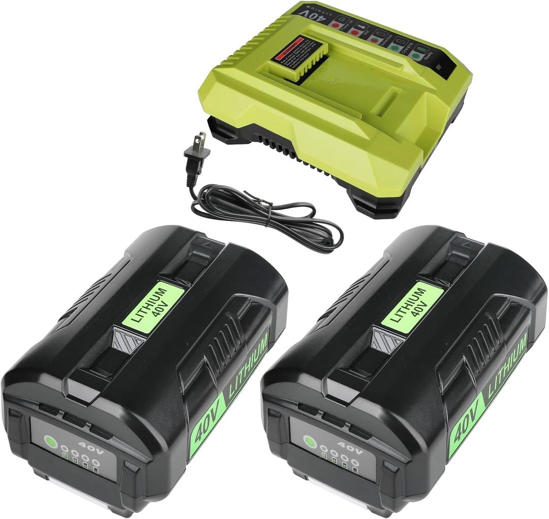 2-Pack 6.0Ah Replacement for Ryobi 40V Battery & OP401 Charger Kit, 40 Volt Lithium Ion Battery Compatible with OP4026 OP40261 OP4050 OP4040 OP40401 OP40601 OP40201 RY40180 