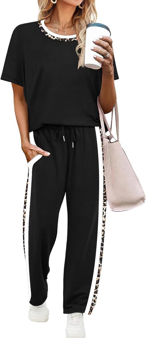 WIHOLL 2 Piece Lounge Sets for Women Matching Set Summer Outfits Short Sleeve Tops Wide Leg Pants with Pockets (X-Large, Black/Leopard)