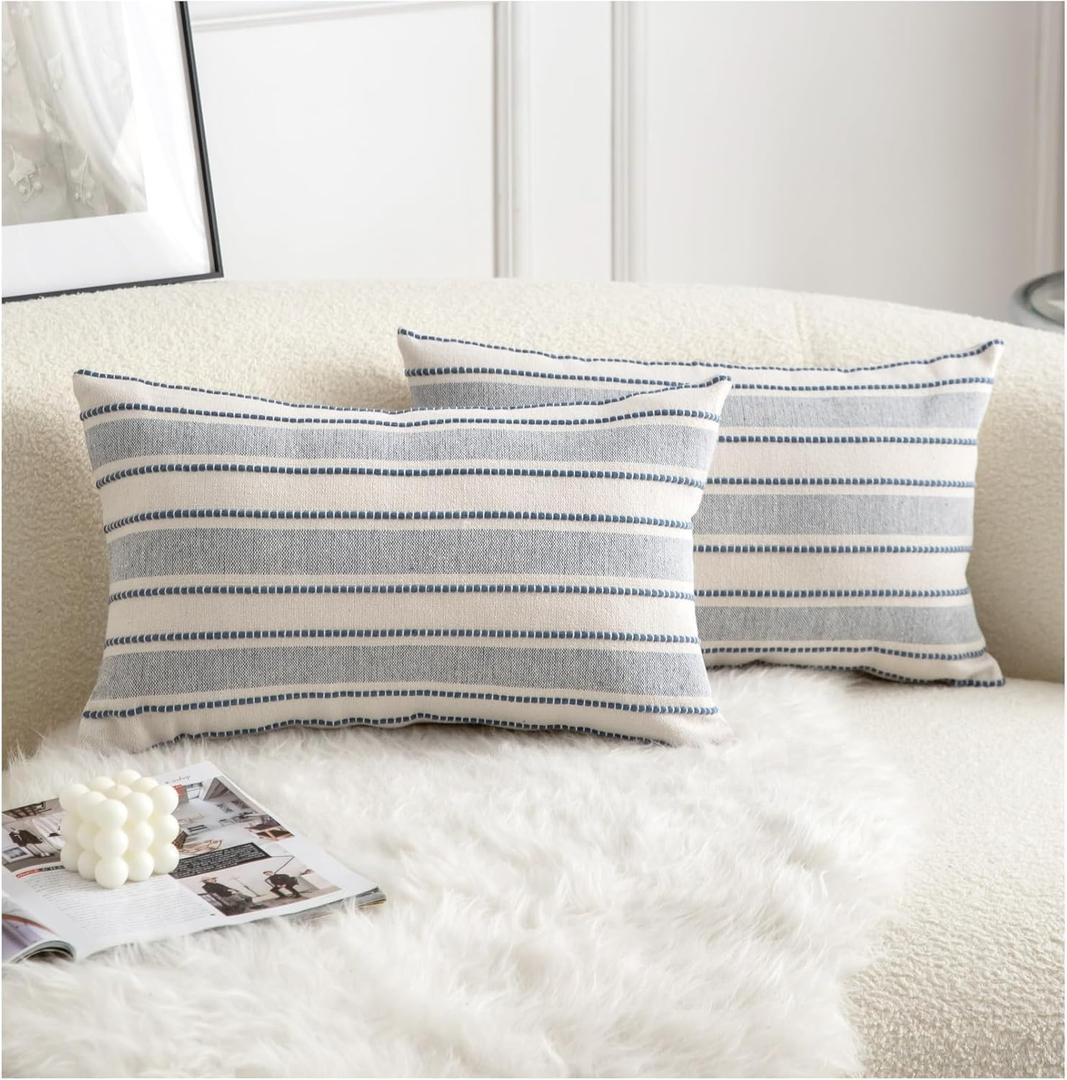 Cethom Decorative Boho Lumbar Throw Pillow Covers, Farmhouse Textured Pillow Case, 12 x 20 Inch Set of 2, Chair Sofa Bedroom Living Room Home Decor Couch Cushion Case, Classic Blue and Beige
