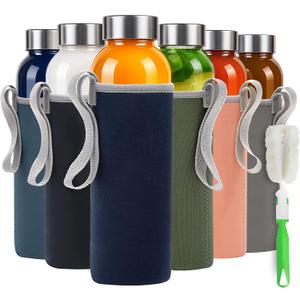 Epica glass bottles with lids 18oz glass water bottles, reusable juice bottle with lids for storing juices, reusable water bottle durable & ecofriendly set of 6 with Sleeves