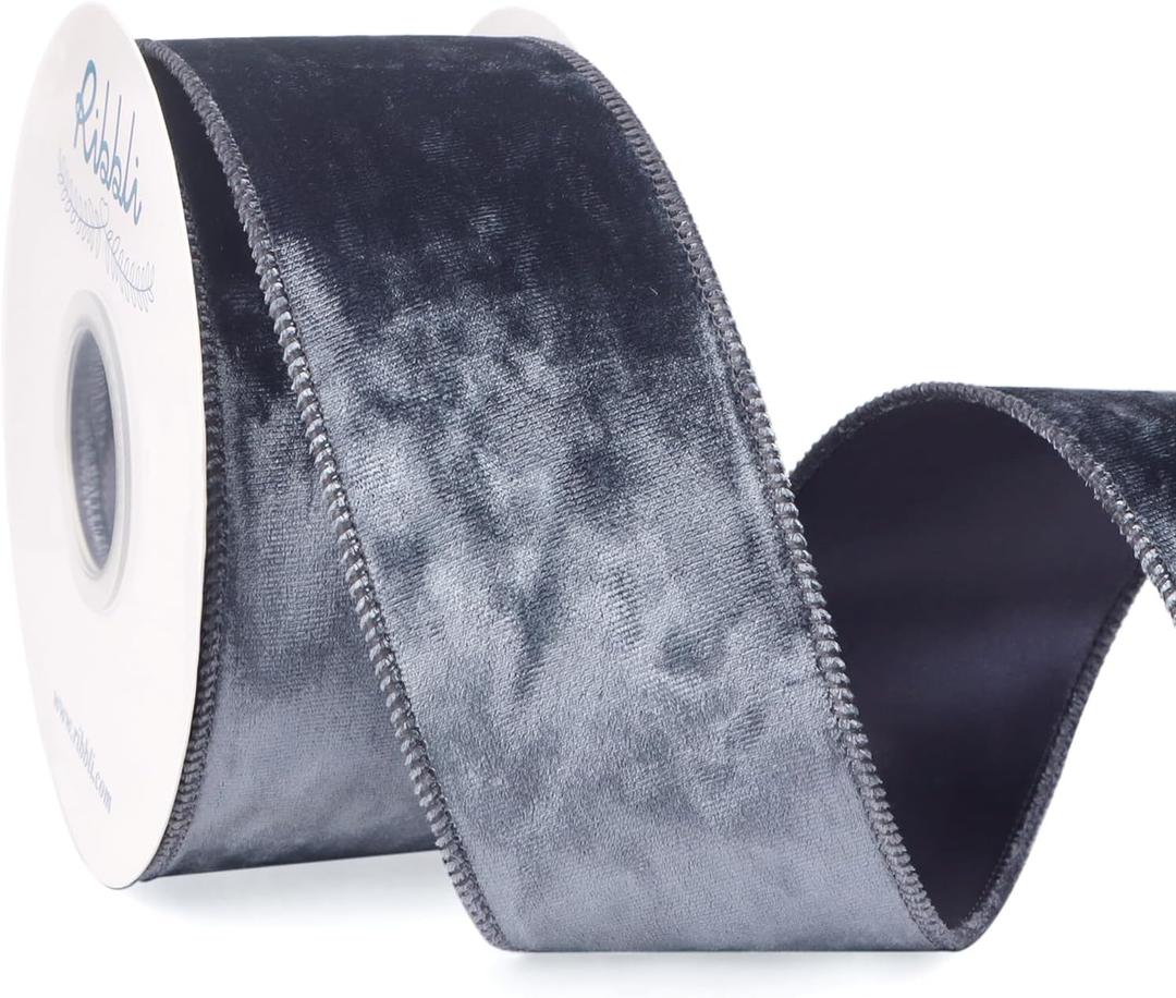 Ribbli Dusty Blue Velvet Wired Ribbon 2.5 Inch Crushed Velvet Christmas Ribbon for Gift Wrapping Christmas Tree Decoration Crafts Wreaths Supplies-Continuous 10 Yards