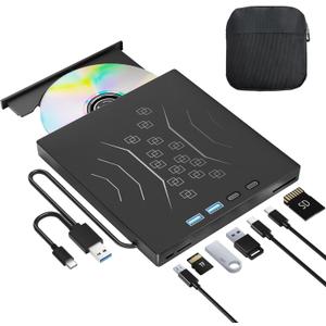 7 in 1 External DVD Drive, External CD/DVD Drive for Laptop USB 3.0 & Type-C, Portable CD/DVD +/-RW Disk Drive, CD/DVD Burner CD ROM External Drive for Desktop PC (External DVD Drive +Bag)