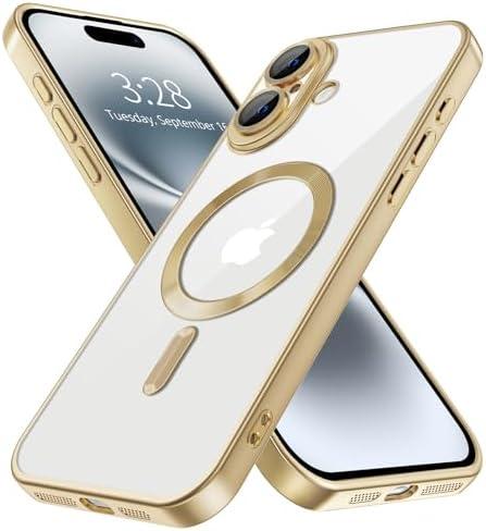 Hython Magnetic Clear for iPhone 16 Case with Camera Lens Protector [Compatible with MagSafe] Luxury Plating Edge Slim Soft TPU Cover Protective Phone Case for iPhone 16 6.1", Matte Gold