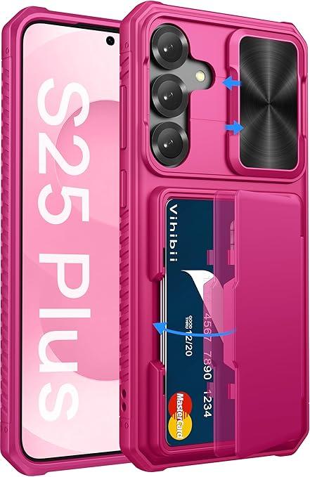 SSLOTSCASE for Samsung Galaxy S25 Ultra Case with Card Holder & Kickstand & Slide Camera Lens Cover, Silicone Edge Protection Rugged Heavy Duty Phone Case Cover for Galaxy S25 Ultra 5G 2025, Pink