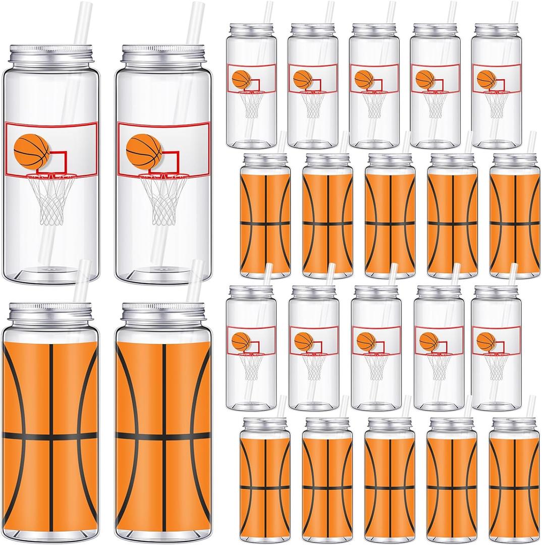 Honeydak 24 Pcs 14.2 oz Basketball Plastic Cups with Lids and Straws 2026 Senior Night Gift Reusable Basketball Cups for Birthday Sports Themed Party Supplies Party Favors
