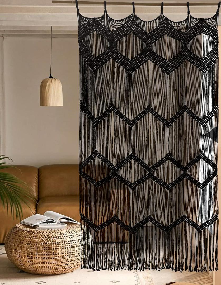 Flber Macrame Curtain Black Boho Window Macrame Doorway Curtain Macrame Wall Decor Bedroom Headboard Decor,42" Wx76 H
