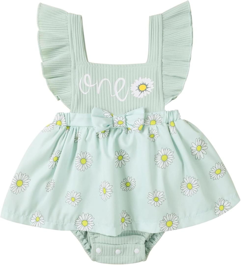Valcatch Baby Girl Romper Clothes First Birthday Outfit Newborn Infant Ruffle Sleeveless Summer One-Piece Bodysuit Jumpsuit (Green)