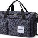 WOOMADA Foldable Travel Duffel Bag with Shoes Compartment, Overnight Bag with Wet Pocket & Trolley Sleeve, Weekender Bags for Women(B-black Leopard)
