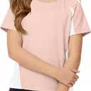 ZDC Kids Girls Athletic T Shirts Color Block Crewneck Gym Yoga Tees Casual Cute Basic Tees 5-14 Years (Pink)