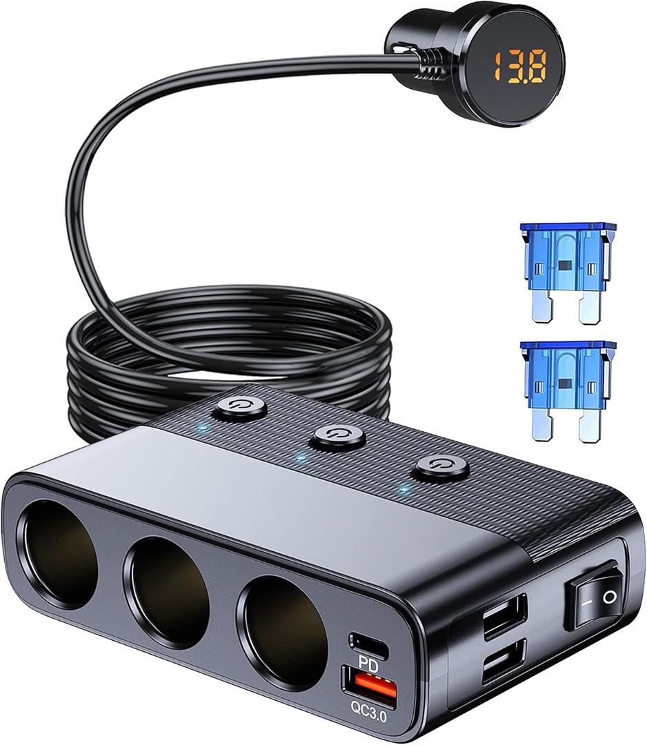 7 in 1 Cigarette Lighter Splitter, LIHAN 3 Socket Car Charger Adapter, Type-C QC3.0 PD 30W Charging, Dual USB Charging Ports, Independent Switches, LED Voltmeter, Plug Outlet 12V/24V(3.3ft Cable)