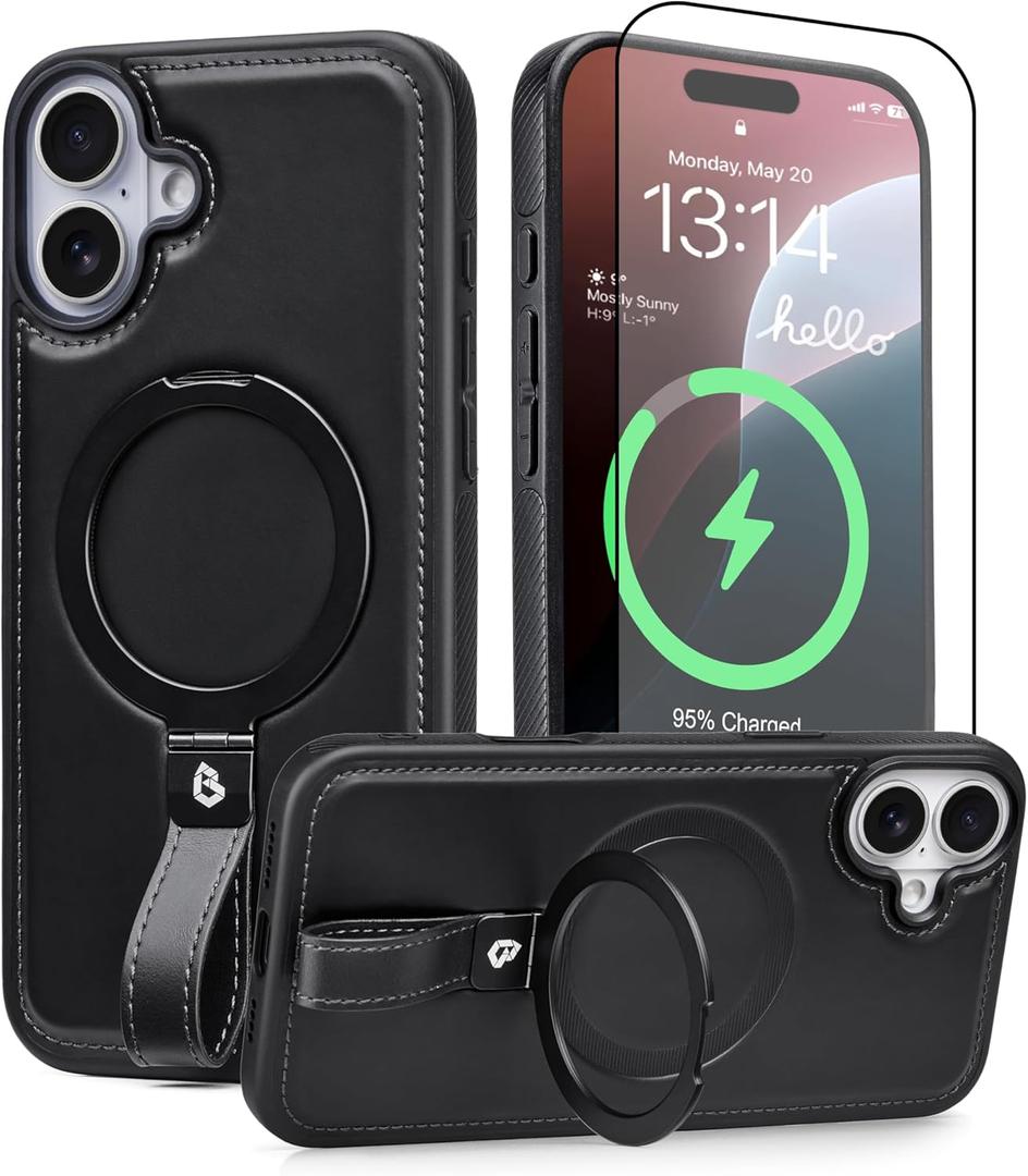for iPhone 17 Case Leather | iPhone 17 Leather Case with Stand | Compatible with MagSafe with Magnetic Ring Grip Holder (Black, IP17-6.3inch)