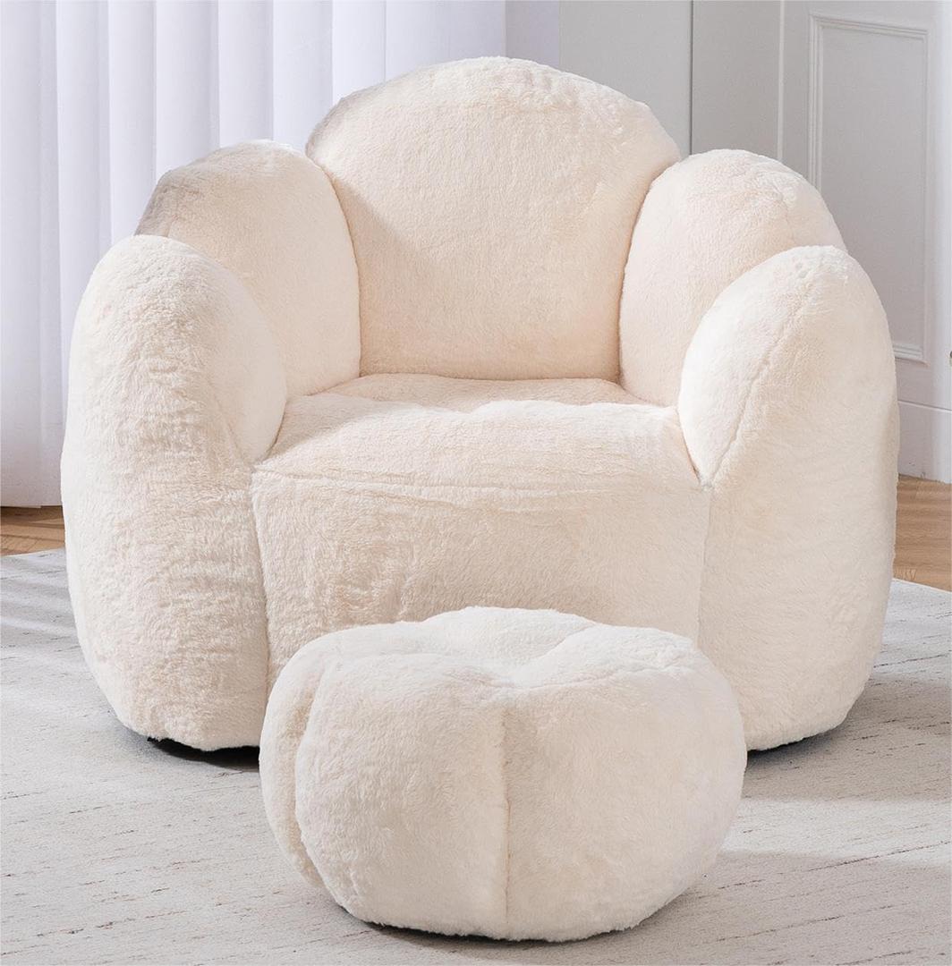 Bear Claw Shaped Bean Bag Sofa with Ottoman, Bean Bag Chair for Adults and Kids, Soft Stuffed Lazy Floor Sofa Chair with Supportive Filling, Comfy Single Couch for Living Room, Bedroom, Apartment (White)