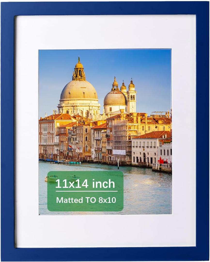 wyooxoo 11x14 Picture Frame Dark blue Solid Wood Photo Frames Display Pictures 8x10 with Mat or 11x14 Without Mat Colorful Frame For Tabletop Display or Wall