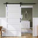 SmartStandard 38in x 84in Sliding Barn Door with 6.6FT Barn Door Hardware Track Kit & Handle, Waterproof PVC Surface, Pre-Drilled Holes Easy to Assemble, Solid, MDF, White, 5-Panel