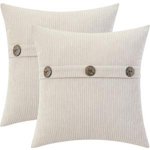 HWY 50 Beige Chenille Throw Pillow Covers 18x18 Inch with Triple Buttons, Soft Farmhouse Accent Decorative Cushion Cases for Couch Sofa Bed Living Room Bedroom Pack of 2