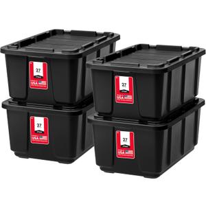 IRIS USA 4-Pack 27 Gallon Storage Bins with Lids |Made in USA| Heavy Duty Plastic Tote Containers for Truckbed Tool Box Organization, Large - Black