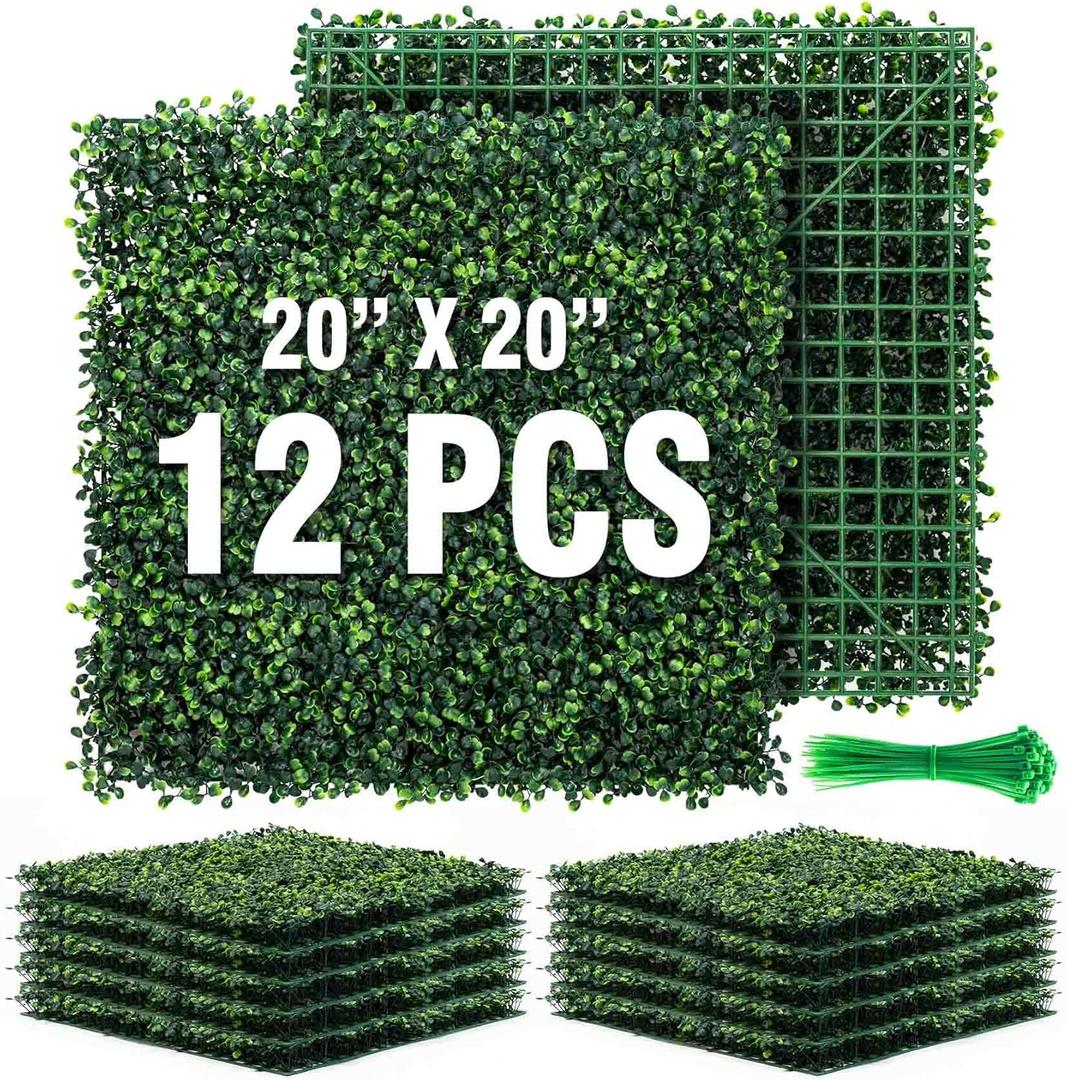 KASZOO 12Pack 20"x20" Artificial Boxwood Grass Backdrop Panels Topiary Hedge Plant, UV Protected Privacy Hedge Screen Faux Boxwood for Outdoor,Indoor,Garden,Fence,Backyard,Greenery Walls (12 Pack, 20in x 20in)