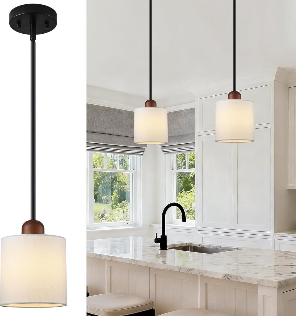 5.9" Drum Pendant Light with White Fabric Shade Modern Hanging Pendant Light Fixture| Adjustable Semi Flush Mount Kitchen Island Dining Room Bedroom Black 2 Pack