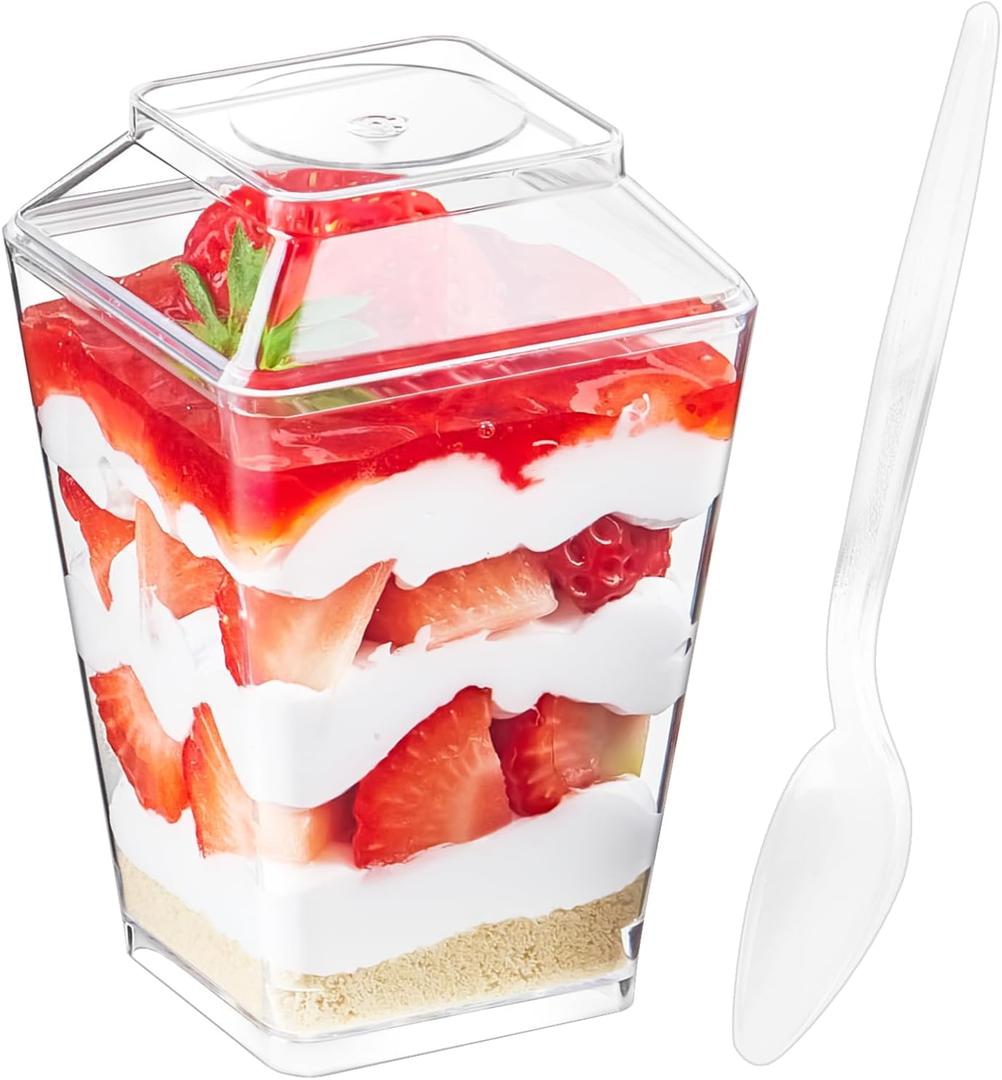 Qeirudu 50 Pack 5 oz Dessert Cups with Lids and Spoons - Plastic Pudding Cup Small Parfait Shooter Glasses for Pastry Cheesecake Mousse Jello