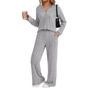 Dokotoo 2 Piece Lounge Sets for Women Ribbed Knit Button V Neck Long Sleeve Tops Matching Pants Pajamas Set 2025 Fall Outfits (X-Large, Grey)