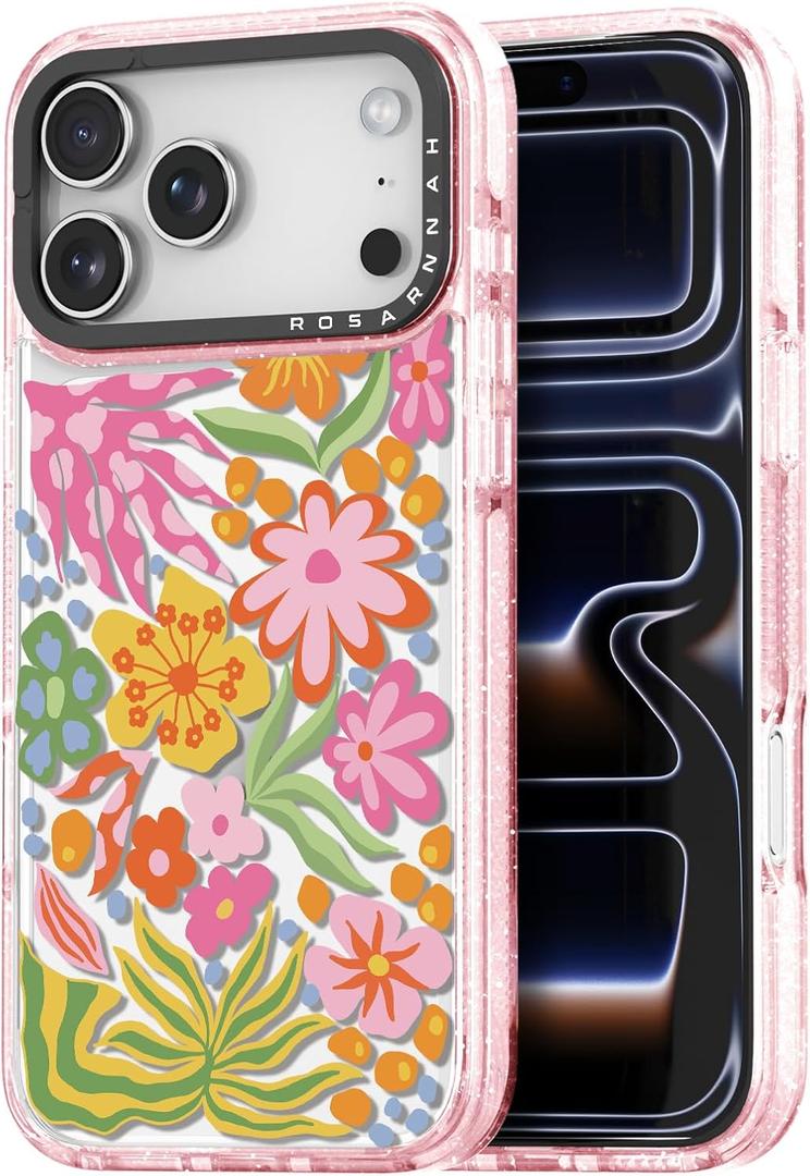 iPhone 17 Pro Case Cute - Durable Shockproof 6.6 ft Drop Impact Phone Case - Funny Passion Flower Design (6.3") Glitter Pink