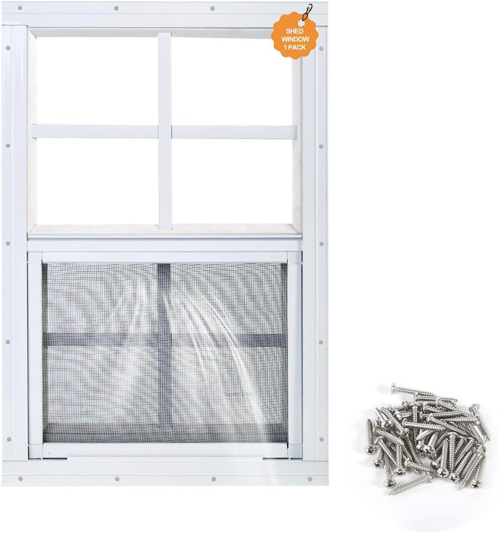 Shed Window 1 Pack 14"X21" White Flush Mount Small Sliding Household Windows with Tempered Glass and Fiberglass Screen for Shed,Chicken Coop, Playhouse,Barns,Garage