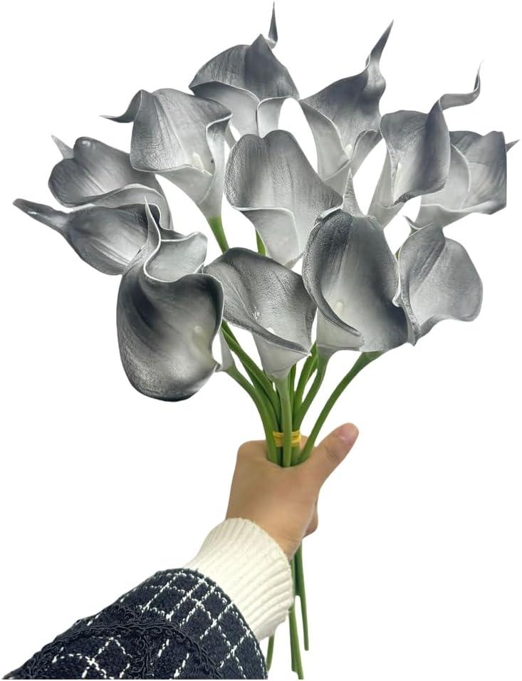 12pcs Artificial Calla Lily Flowers,13" Single Heads PU Flower Small Flower Bouquet Accessorie,Calla Lily Bridal Wedding Bouquet for Greenery Plants Indoor Outside Home Office Decor (Black in White)