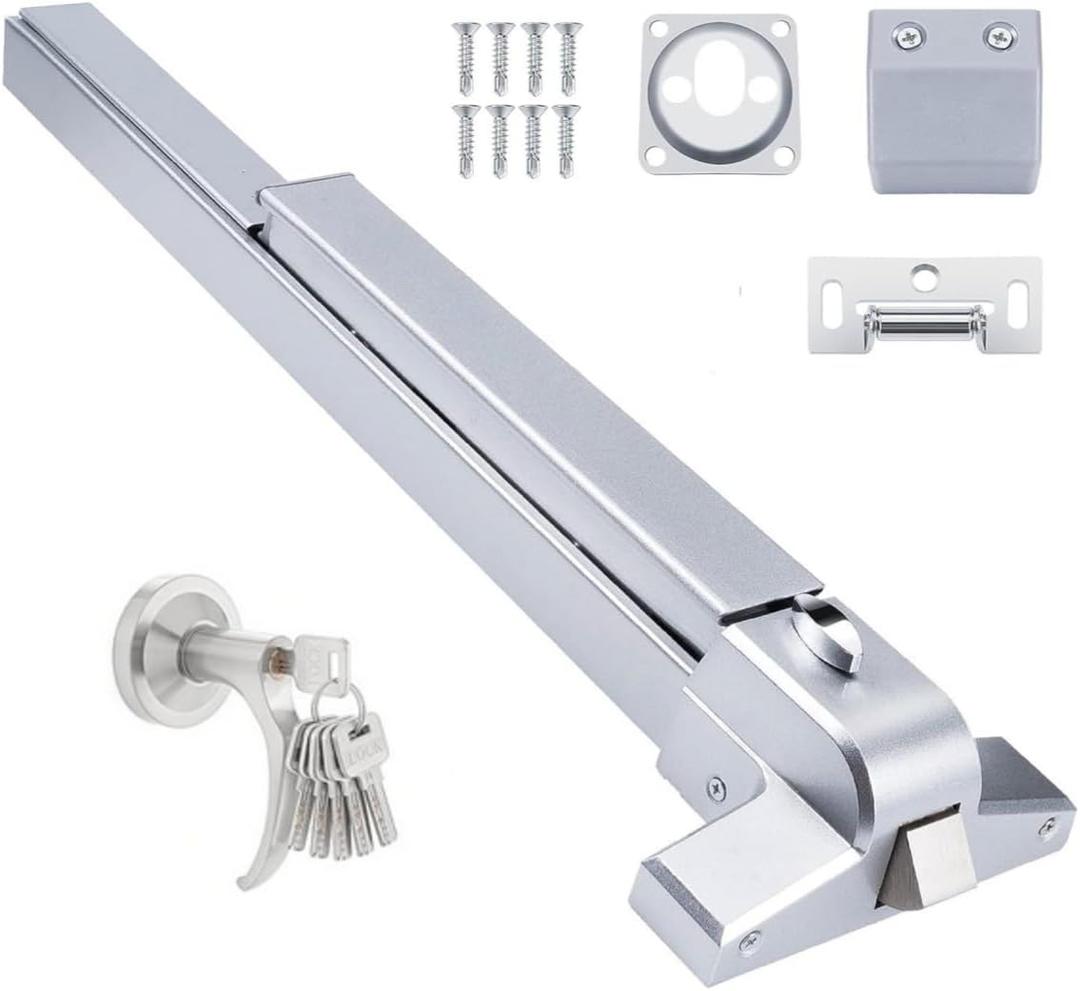 Push Bar Door Lock with 6 Keys, Emergency Exit Door Hardware with Handle, Aluminum Commercial Push Bar Panic Exit Device Left/Right Compatible