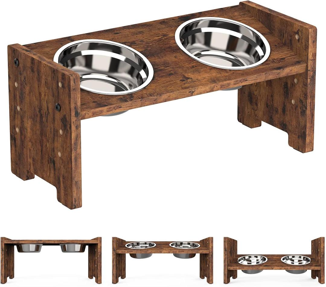 Vantic Elevated Dog Bowls, Adjustable Raised Dog Bowl Stand for Small Puppy and Cats, Sturdy Pet Food Feeder with 3 Stainless Steel Dishes, Rustic Brown