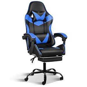 Simple Deluxe Gaming Chair, High Back Office Computer Desk Chair with Adjustable Lumbar Support, Recliner Swivel Video Game Chair with Footrest, Height Adjustable Seat and Backrest, Black/ Blue